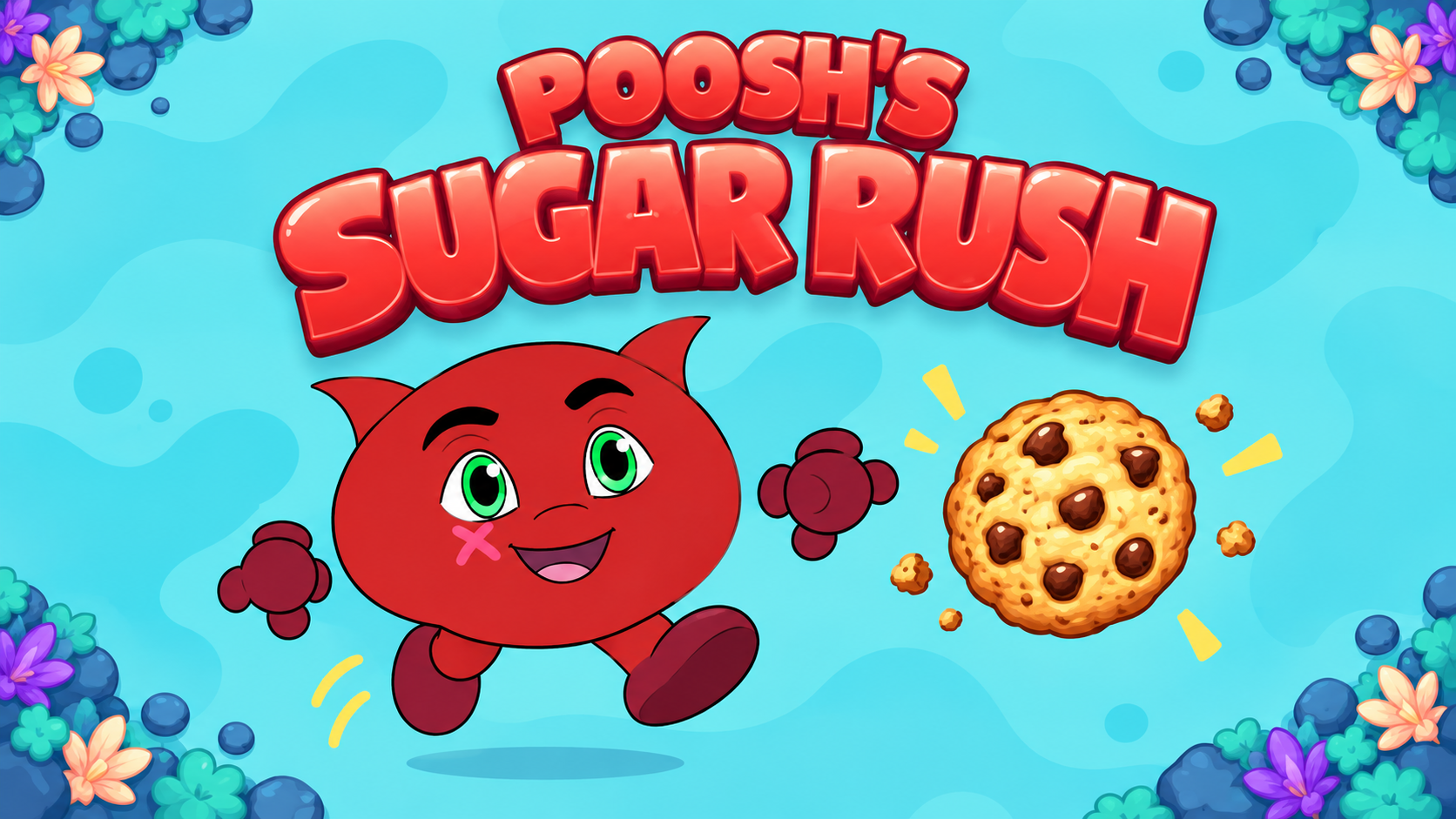 Poosh’s Sugar Rush title art with front-facing Poosh chasing a cookie